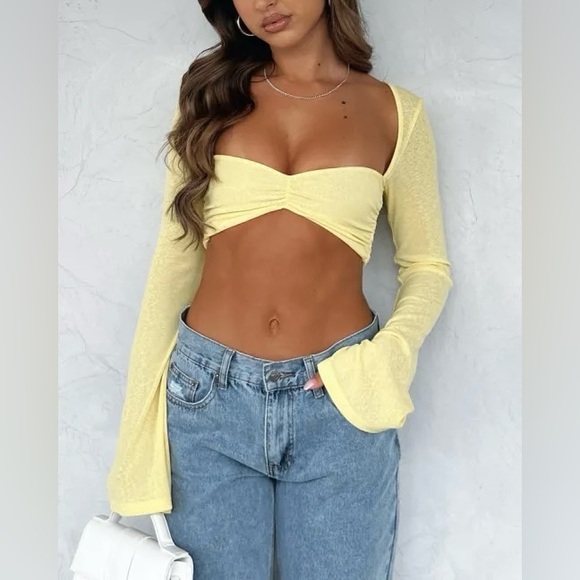 White Fox Boutique Tops - NWT White Fox Cropped Long Sleeve Top, Yellow, Size M